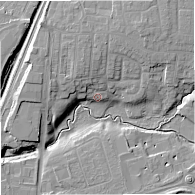 Shaded relief map of the ground around CW16HJ, computed from Environment Agency LiDAR. The ground here sits at about 50 m above sea level and falls 13 m across the surrounding 800 m. Surface water reaching this point runs off ground lying to the north-north-west, 9.0 m higher.