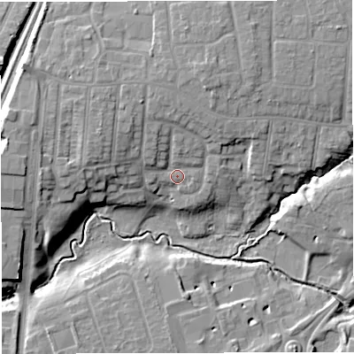 Shaded relief map of the ground around CW16HL, computed from Environment Agency LiDAR. The ground here sits at about 51 m above sea level and falls 13 m across the surrounding 800 m. Surface water reaching this point runs off ground lying to the north-north-west, 5.3 m higher.