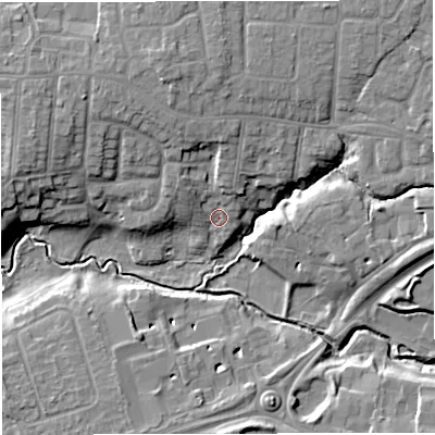 Shaded relief map of the ground around CW16HP, computed from Environment Agency LiDAR. The ground here sits at about 49 m above sea level and falls 11 m across the surrounding 800 m. Surface water reaching this point runs off ground lying to the north-north-west, 6.8 m higher.