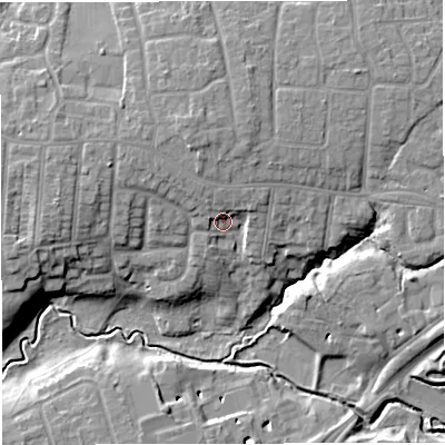 Shaded relief map of the ground around CW16HR, computed from Environment Agency LiDAR. The ground here sits at about 51 m above sea level and falls 12 m across the surrounding 800 m. Surface water reaching this point runs off ground lying to the north-west, 4.1 m higher.