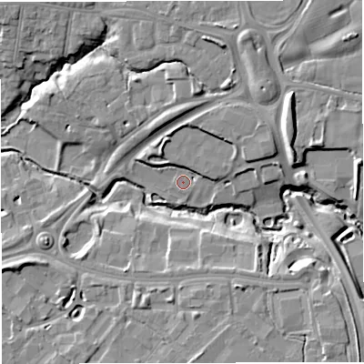Shaded relief map of the ground around CW16HU, computed from Environment Agency LiDAR. The ground here sits at about 49 m above sea level and falls 12 m across the surrounding 800 m. Surface water reaching this point runs off ground lying to the north-east, 5.6 m higher.