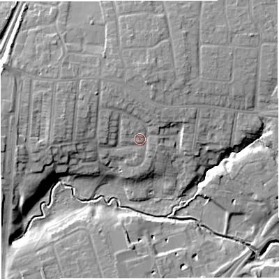 Shaded relief map of the ground around CW16HW, computed from Environment Agency LiDAR. The ground here sits at about 52 m above sea level and falls 12 m across the surrounding 800 m. Surface water reaching this point runs off ground lying to the north-north-west, 3.5 m higher.