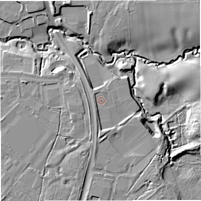 Shaded relief map of the ground around CW16HX, computed from Environment Agency LiDAR. The ground here sits at about 54 m above sea level and falls 13 m across the surrounding 800 m. Surface water reaching this point runs off ground lying to the south-south-west, 1.7 m higher.