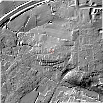Shaded relief map of the ground around CW25BJ, computed from Environment Agency LiDAR. The ground here sits at about 59 m above sea level and falls 16 m across the surrounding 800 m. Surface water reaching this point runs off ground lying to the east, 4.4 m higher.