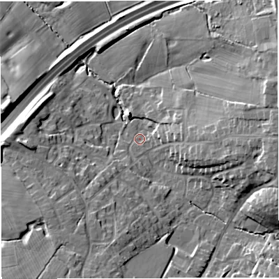 Shaded relief map of the ground around CW25BL, computed from Environment Agency LiDAR. The ground here sits at about 51 m above sea level and falls 15 m across the surrounding 800 m. Surface water reaching this point runs off ground lying to the east, 12.3 m higher.
