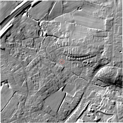 Shaded relief map of the ground around CW25BN, computed from Environment Agency LiDAR. The ground here sits at about 52 m above sea level and falls 16 m across the surrounding 800 m. Surface water reaching this point runs off ground lying to the east, 13.0 m higher.