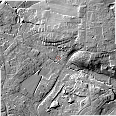 Shaded relief map of the ground around CW25BP, computed from Environment Agency LiDAR. The ground here sits at about 52 m above sea level and falls 16 m across the surrounding 800 m. Surface water reaching this point runs off ground lying to the east-north-east, 13.1 m higher.