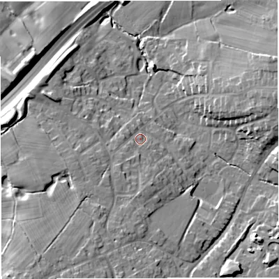 Shaded relief map of the ground around CW25BS, computed from Environment Agency LiDAR. The ground here sits at about 56 m above sea level and falls 14 m across the surrounding 800 m. Surface water reaching this point runs off ground lying to the south-south-west, 6.7 m higher.
