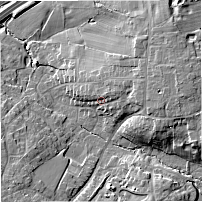 Shaded relief map of the ground around CW25BW, computed from Environment Agency LiDAR. The ground here sits at about 58 m above sea level and falls 16 m across the surrounding 800 m. Surface water reaching this point runs off ground lying to the east-north-east, 5.4 m higher.