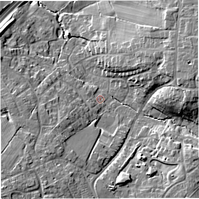 Shaded relief map of the ground around CW25BX, computed from Environment Agency LiDAR. The ground here sits at about 53 m above sea level and falls 16 m across the surrounding 800 m. Surface water reaching this point runs off ground lying to the west-south-west, 7.0 m higher.