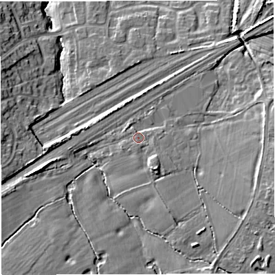 Shaded relief map of the ground around CW25DD, computed from Environment Agency LiDAR. The ground here sits at about 53 m above sea level and falls 11 m across the surrounding 800 m. Surface water reaching this point runs off ground lying to the south-south-east, 3.4 m higher.