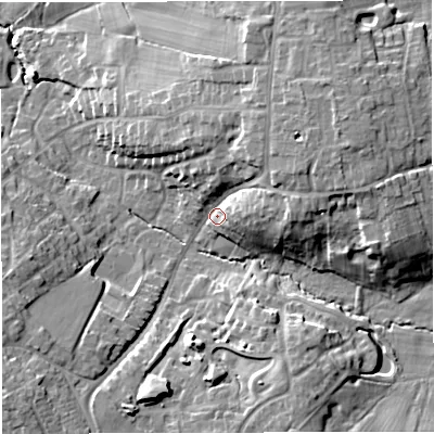 Shaded relief map of the ground around CW25DL, computed from Environment Agency LiDAR. The ground here sits at about 55 m above sea level and falls 16 m across the surrounding 800 m. Surface water reaching this point runs off ground lying to the east-north-east, 11.1 m higher.