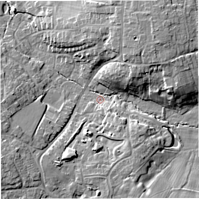 Shaded relief map of the ground around CW25DN, computed from Environment Agency LiDAR. The ground here sits at about 53 m above sea level and falls 16 m across the surrounding 800 m. Surface water reaching this point runs off ground lying to the north-east, 12.5 m higher.