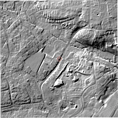 Shaded relief map of the ground around CW25DW, computed from Environment Agency LiDAR. The ground here sits at about 55 m above sea level and falls 15 m across the surrounding 800 m. Surface water reaching this point runs off ground lying to the west-south-west, 8.0 m higher.