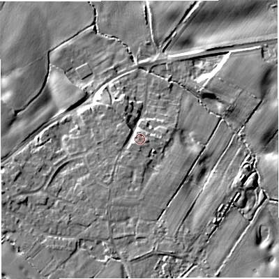 Shaded relief map of the ground around CW25JN, computed from Environment Agency LiDAR. The ground here sits at about 64 m above sea level and falls 11 m across the surrounding 800 m. Surface water reaching this point runs off ground lying to the south-south-west, 2.9 m higher.