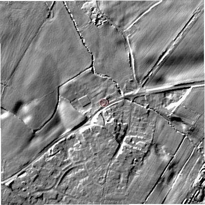Shaded relief map of the ground around CW25JS, computed from Environment Agency LiDAR. The ground here sits at about 59 m above sea level and falls 12 m across the surrounding 800 m. Surface water reaching this point runs off ground lying to the south, 5.8 m higher.