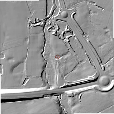 Shaded relief map of the ground around CW25NL, computed from Environment Agency LiDAR. The ground here sits at about 52 m above sea level and falls 22 m across the surrounding 800 m. Surface water reaching this point runs off ground lying to the south, 2.7 m higher.