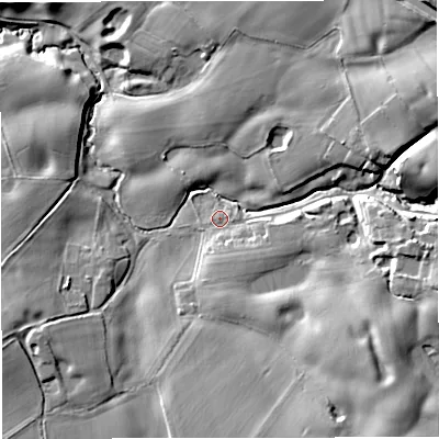 Shaded relief map of the ground around CW25PE, computed from Environment Agency LiDAR. The ground here sits at about 78 m above sea level and falls 18 m across the surrounding 800 m. Surface water reaching this point runs off ground lying to the east, 4.8 m higher.