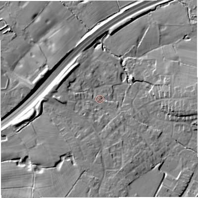 Shaded relief map of the ground around CW25SW, computed from Environment Agency LiDAR. The ground here sits at about 54 m above sea level and falls 14 m across the surrounding 800 m. Surface water reaching this point runs off ground lying to the south-south-west, 6.1 m higher.
