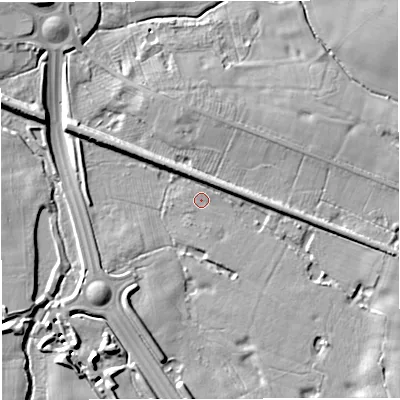 Shaded relief map of the ground around CW25YF, computed from Environment Agency LiDAR. The ground here sits at about 52 m above sea level and falls 13 m across the surrounding 800 m. Surface water reaching this point runs off ground lying to the east-south-east, 5.7 m higher.