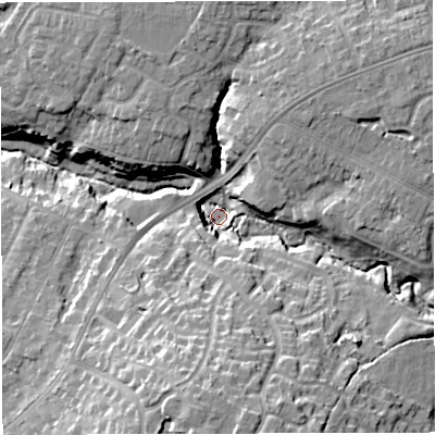 Shaded relief map of the ground around CW26PW, computed from Environment Agency LiDAR. The ground here sits at about 41 m above sea level and falls 23 m across the surrounding 800 m. Surface water reaching this point runs off ground lying to the south, 21.0 m higher.