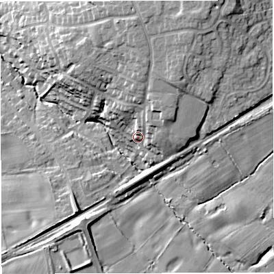 Shaded relief map of the ground around CW26RR, computed from Environment Agency LiDAR. The ground here sits at about 53 m above sea level and falls 19 m across the surrounding 800 m. Surface water reaching this point runs off ground lying to the north-east, 7.4 m higher.