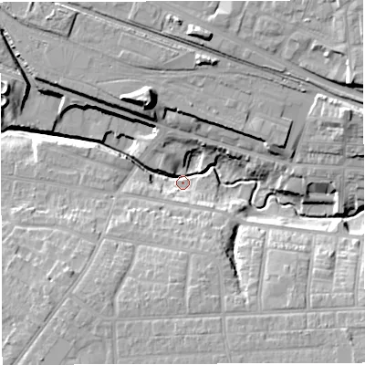 Shaded relief map of the ground around CW27PD, computed from Environment Agency LiDAR. The ground here sits at about 41 m above sea level and falls 20 m across the surrounding 800 m. Surface water reaching this point runs off ground lying to the north-north-west, 18.3 m higher.