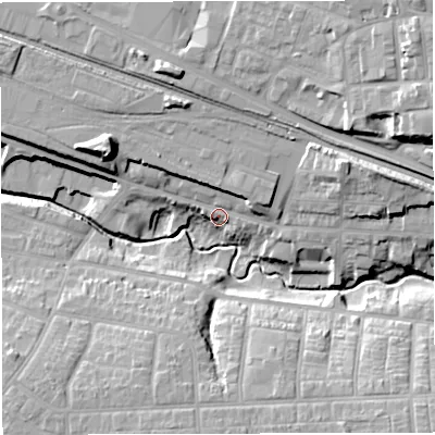 Shaded relief map of the ground around CW27RJ, computed from Environment Agency LiDAR. The ground here sits at about 45 m above sea level and falls 23 m across the surrounding 800 m. Surface water reaching this point runs off ground lying to the north, 4.6 m higher.