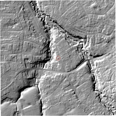 Shaded relief map of the ground around CW28EJ, computed from Environment Agency LiDAR. The ground here sits at about 44 m above sea level and falls 15 m across the surrounding 800 m. Surface water reaching this point runs off ground lying to the east, 0.8 m higher.