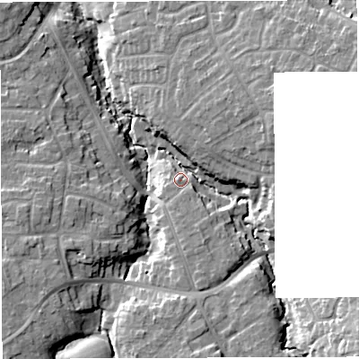Shaded relief map of the ground around CW28EL, computed from Environment Agency LiDAR. The ground here sits at about 42 m above sea level and falls 16 m across the surrounding 800 m. Surface water reaching this point runs off ground lying to the east-north-east, 9.3 m higher.