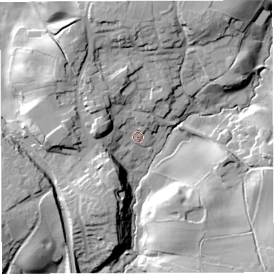 Shaded relief map of the ground around CW30BA, computed from Environment Agency LiDAR. The ground here sits at about 57 m above sea level and falls 26 m across the surrounding 800 m. Surface water reaching this point runs off ground lying to the north-west, 14.0 m higher.
