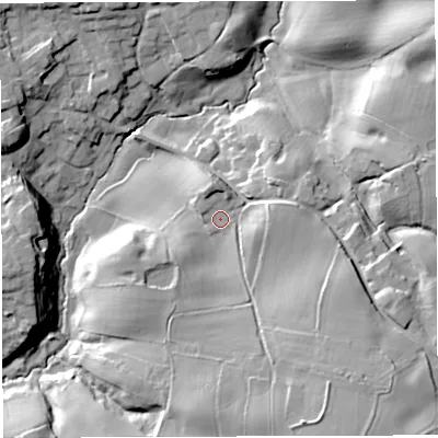 Shaded relief map of the ground around CW30BN, computed from Environment Agency LiDAR. The ground here sits at about 65 m above sea level and falls 30 m across the surrounding 800 m. Surface water reaching this point runs off ground lying to the north-north-west, 3.7 m higher.