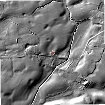 Shaded relief map of the ground around CW30DA, computed from Environment Agency LiDAR. The ground here sits at about 75 m above sea level and falls 16 m across the surrounding 800 m. Surface water reaching this point runs off ground lying to the west-north-west, 4.0 m higher.