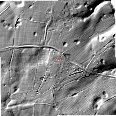 Shaded relief map of the ground around CW30EP, computed from Environment Agency LiDAR. The ground here sits at about 72 m above sea level and falls 18 m across the surrounding 800 m. Surface water reaching this point runs off ground lying to the south, 0.9 m higher.