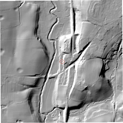Shaded relief map of the ground around CW30FA, computed from Environment Agency LiDAR. The ground here sits at about 50 m above sea level and falls 26 m across the surrounding 800 m. Surface water reaching this point runs off ground lying to the east-south-east, 21.6 m higher.
