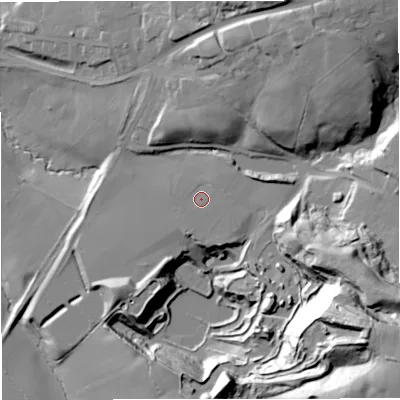 Shaded relief map of the ground around CW39BE, computed from Environment Agency LiDAR. The ground here sits at about 120 m above sea level and falls 64 m across the surrounding 800 m. Surface water reaching this point runs off ground lying to the north-east, 1.0 m higher.