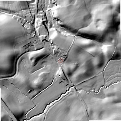 Shaded relief map of the ground around CW39BZ, computed from Environment Agency LiDAR. The ground here sits at about 82 m above sea level and falls 24 m across the surrounding 800 m. Surface water reaching this point runs off ground lying to the north-east, 7.2 m higher.