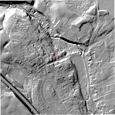 Shaded relief map of the ground around CW39ED, computed from Environment Agency LiDAR. The ground here sits at about 105 m above sea level and falls 24 m across the surrounding 800 m. Surface water reaching this point runs off ground lying to the west, 11.1 m higher.
