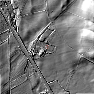 Shaded relief map of the ground around CW39PE, computed from Environment Agency LiDAR. The ground here sits at about 108 m above sea level and falls 22 m across the surrounding 800 m. Surface water reaching this point runs off ground lying to the north-north-east, 2.4 m higher.