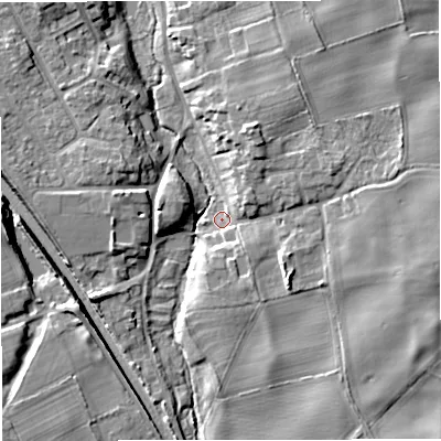 Shaded relief map of the ground around CW39PG, computed from Environment Agency LiDAR. The ground here sits at about 104 m above sea level and falls 10 m across the surrounding 800 m. Surface water reaching this point runs off ground lying to the east, 7.2 m higher.