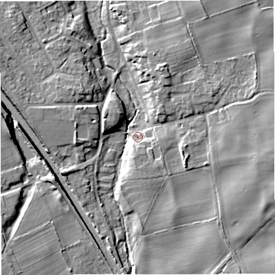 Shaded relief map of the ground around CW39PQ, computed from Environment Agency LiDAR. The ground here sits at about 105 m above sea level and falls 10 m across the surrounding 800 m. Surface water reaching this point runs off ground lying to the east, 7.3 m higher.