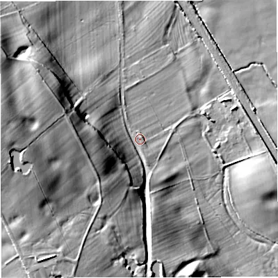 Shaded relief map of the ground around CW39PS, computed from Environment Agency LiDAR. The ground here sits at about 112 m above sea level and falls 41 m across the surrounding 800 m. Surface water reaching this point runs off ground lying to the west-south-west, 33.8 m higher.