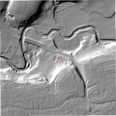 Shaded relief map of the ground around CW47DE, computed from Environment Agency LiDAR. The ground here sits at about 46 m above sea level and falls 30 m across the surrounding 800 m. Surface water reaching this point runs off ground lying to the south-south-east, 14.8 m higher.