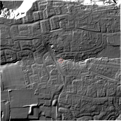 Shaded relief map of the ground around CW47DS, computed from Environment Agency LiDAR. The ground here sits at about 57 m above sea level and falls 27 m across the surrounding 800 m. Surface water reaching this point runs off ground lying to the east-south-east, 6.1 m higher.