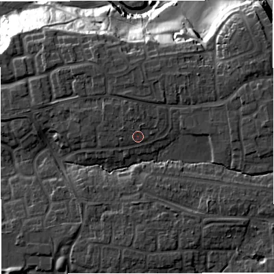 Shaded relief map of the ground around CW47DT, computed from Environment Agency LiDAR. The ground here sits at about 60 m above sea level and falls 29 m across the surrounding 800 m. Surface water reaching this point runs off ground lying to the east, 3.2 m higher.