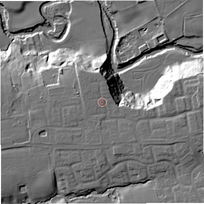 Shaded relief map of the ground around CW47HJ, computed from Environment Agency LiDAR. The ground here sits at about 58 m above sea level and falls 29 m across the surrounding 800 m. Surface water reaching this point runs off ground lying to the east-south-east, 1.9 m higher.