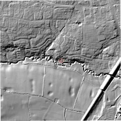 Shaded relief map of the ground around CW47HX, computed from Environment Agency LiDAR. The ground here sits at about 52 m above sea level and falls 14 m across the surrounding 800 m. Surface water reaching this point runs off ground lying to the north-east, 9.7 m higher.