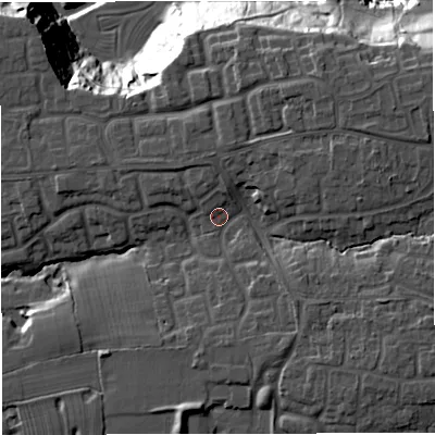 Shaded relief map of the ground around CW47JT, computed from Environment Agency LiDAR. The ground here sits at about 57 m above sea level and falls 29 m across the surrounding 800 m. Surface water reaching this point runs off ground lying to the north-east, 6.4 m higher.