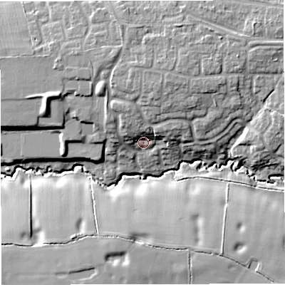 Shaded relief map of the ground around CW47LJ, computed from Environment Agency LiDAR. The ground here sits at about 53 m above sea level and falls 15 m across the surrounding 800 m. Surface water reaching this point runs off ground lying to the north, 8.7 m higher.