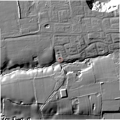 Shaded relief map of the ground around CW47LY, computed from Environment Agency LiDAR. The ground here sits at about 54 m above sea level and falls 24 m across the surrounding 800 m. Surface water reaching this point runs off ground lying to the north-east, 7.8 m higher.
